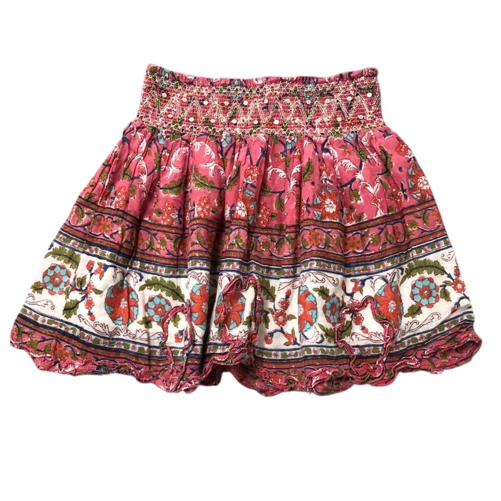 Bell Skirt‎ Girls 8 Pink Floral Block Print Smocked Sequin Ruffle Cotton